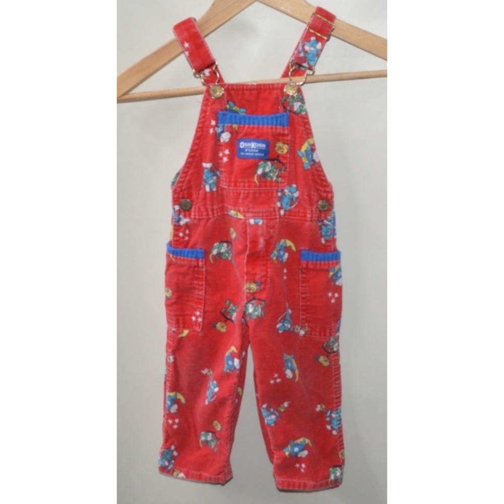 Vintage OshKosh Vestbak Corduroy Overalls – 2T Red – USA – Mouse – Heavy Fading